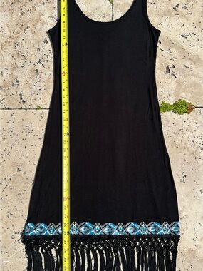 VOLCOM Black Tank Style dress with aqua+ trim & Fringed bottom SLEEK & Modern